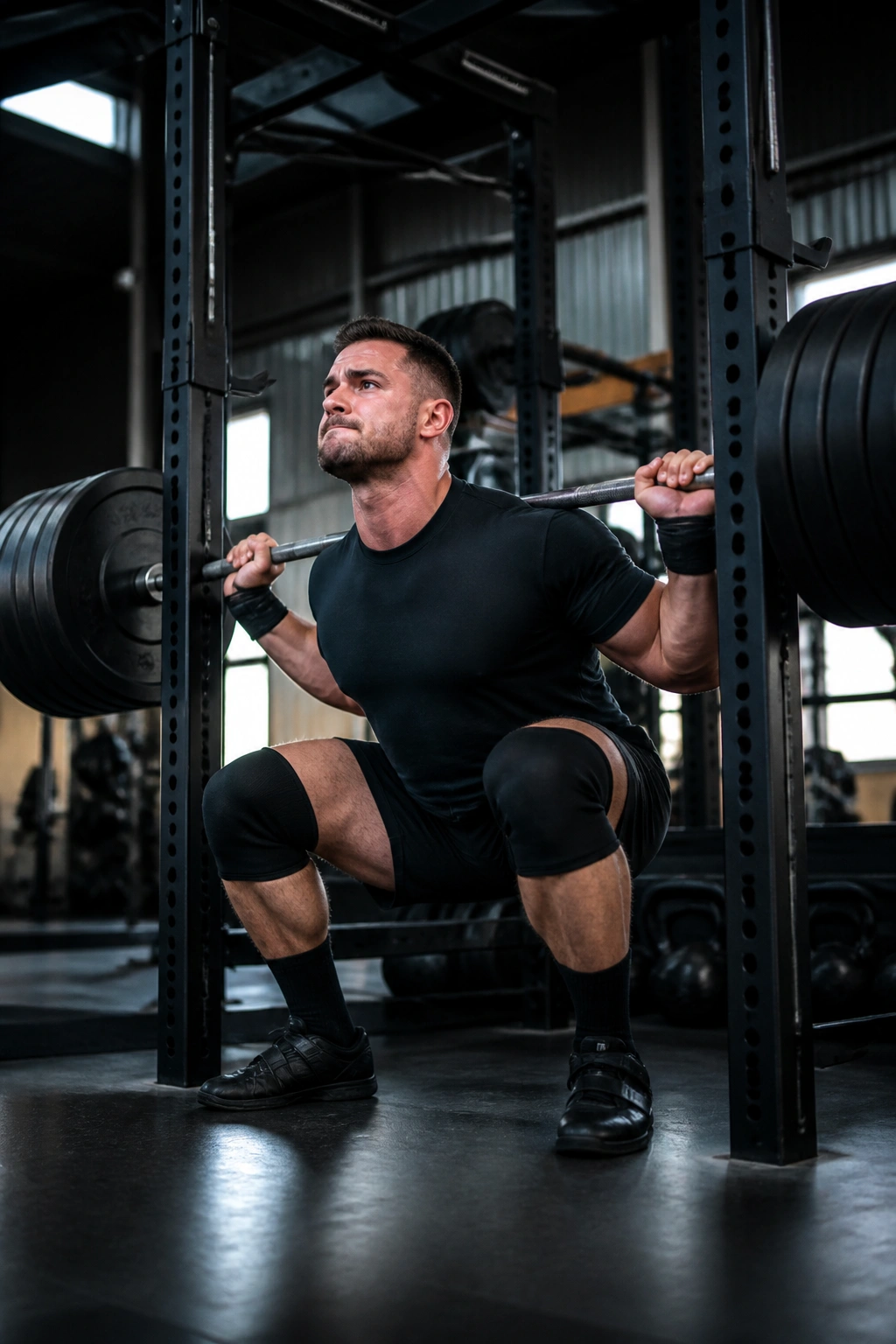Lifters performing heavy barbell back squat in gym