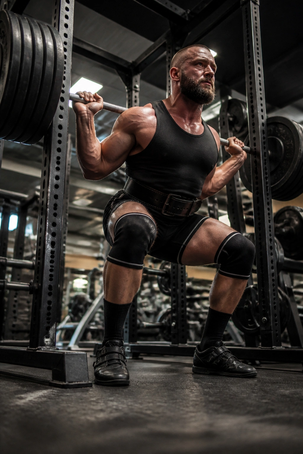 Athlete performing a heavy squat in a powerbuilding-style gym setup