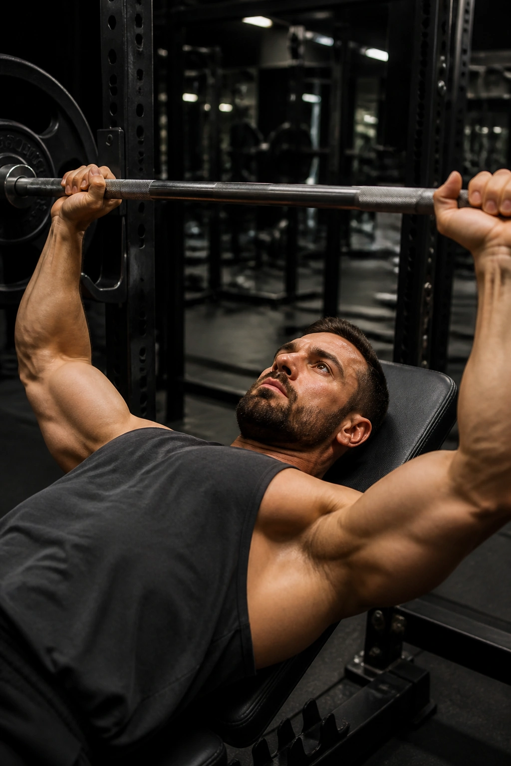 Lifter bench pressing in gym, torso and arms prominent