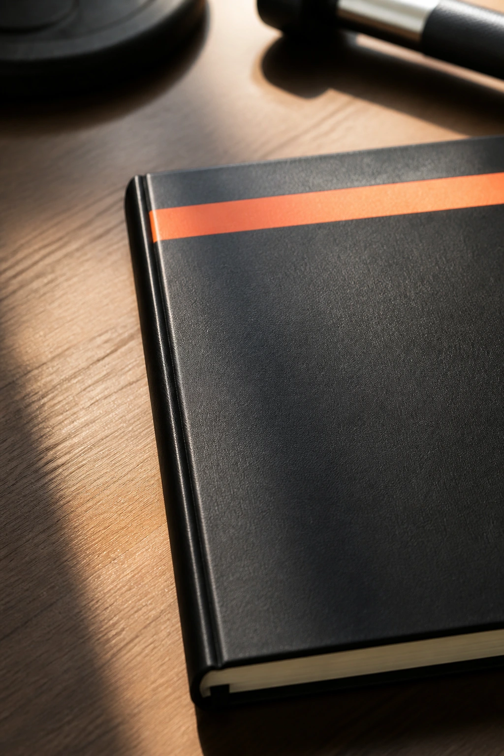 Notebook cover with a bold accent stripe on a desk