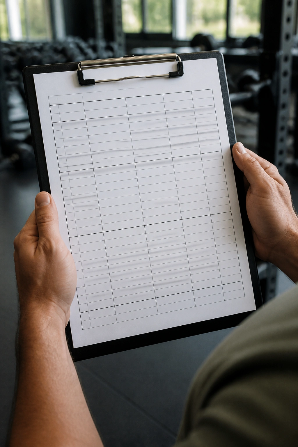 Hands holding clipboard with blank PR sheet in a gym setting.