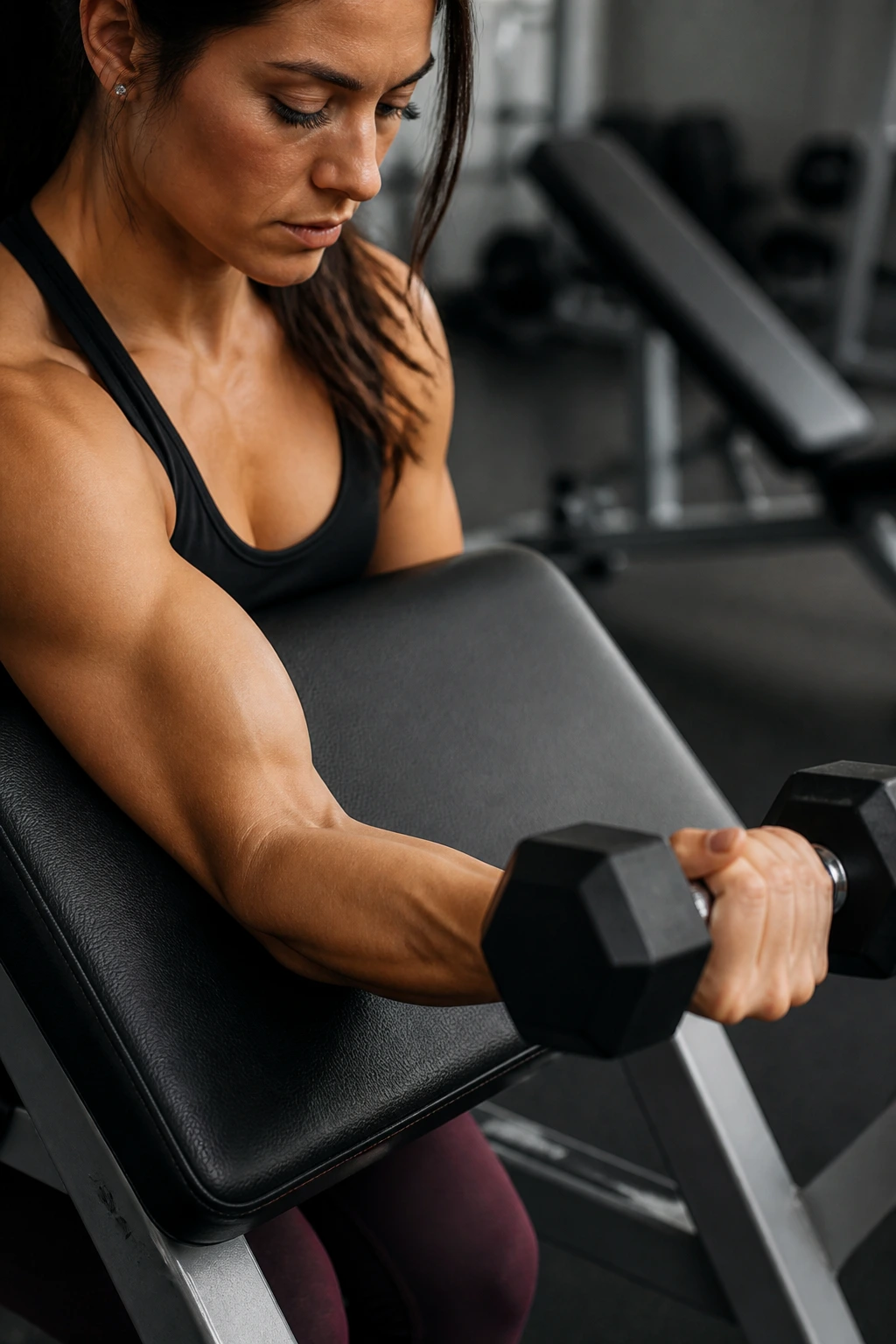 Arm on preacher pad performing preacher curl in gym