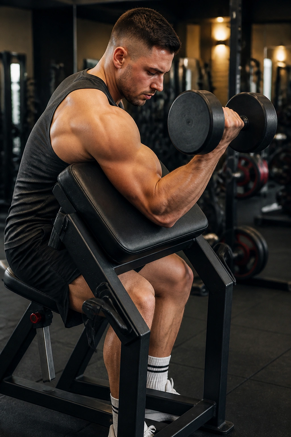 Side profile of preacher curl showing strict form and bicep engagement on preacher bench