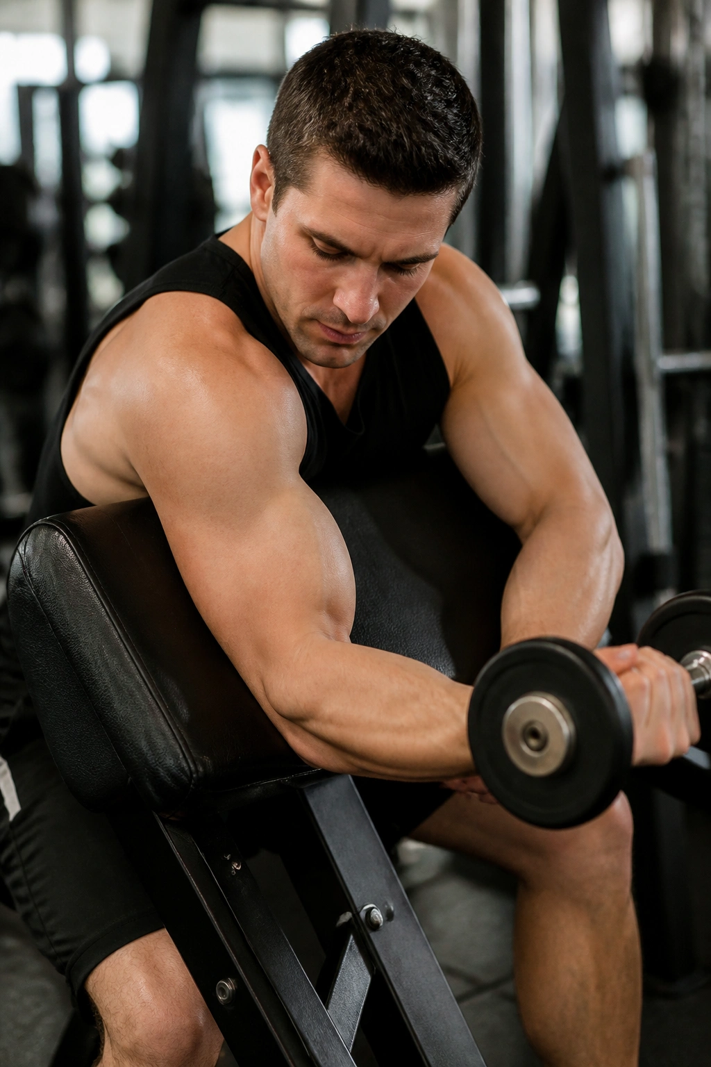 Real person performing preacher curl isolating the biceps on a preacher bench