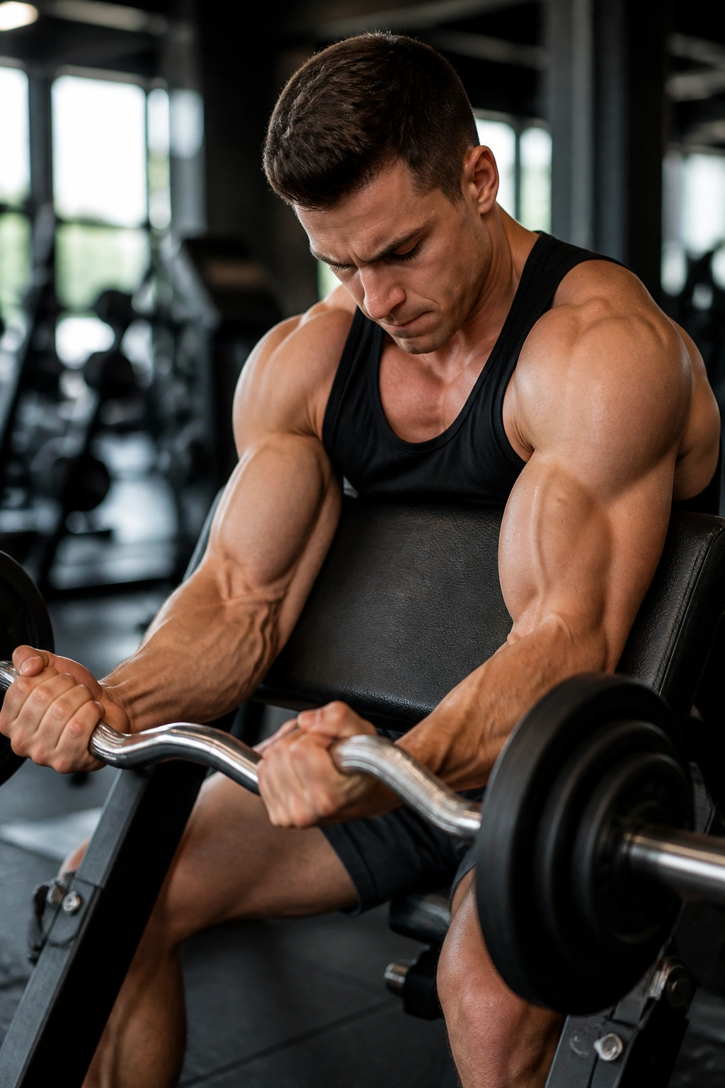 Close-up of preacher curl with arm on pad and EZ-bar in gym