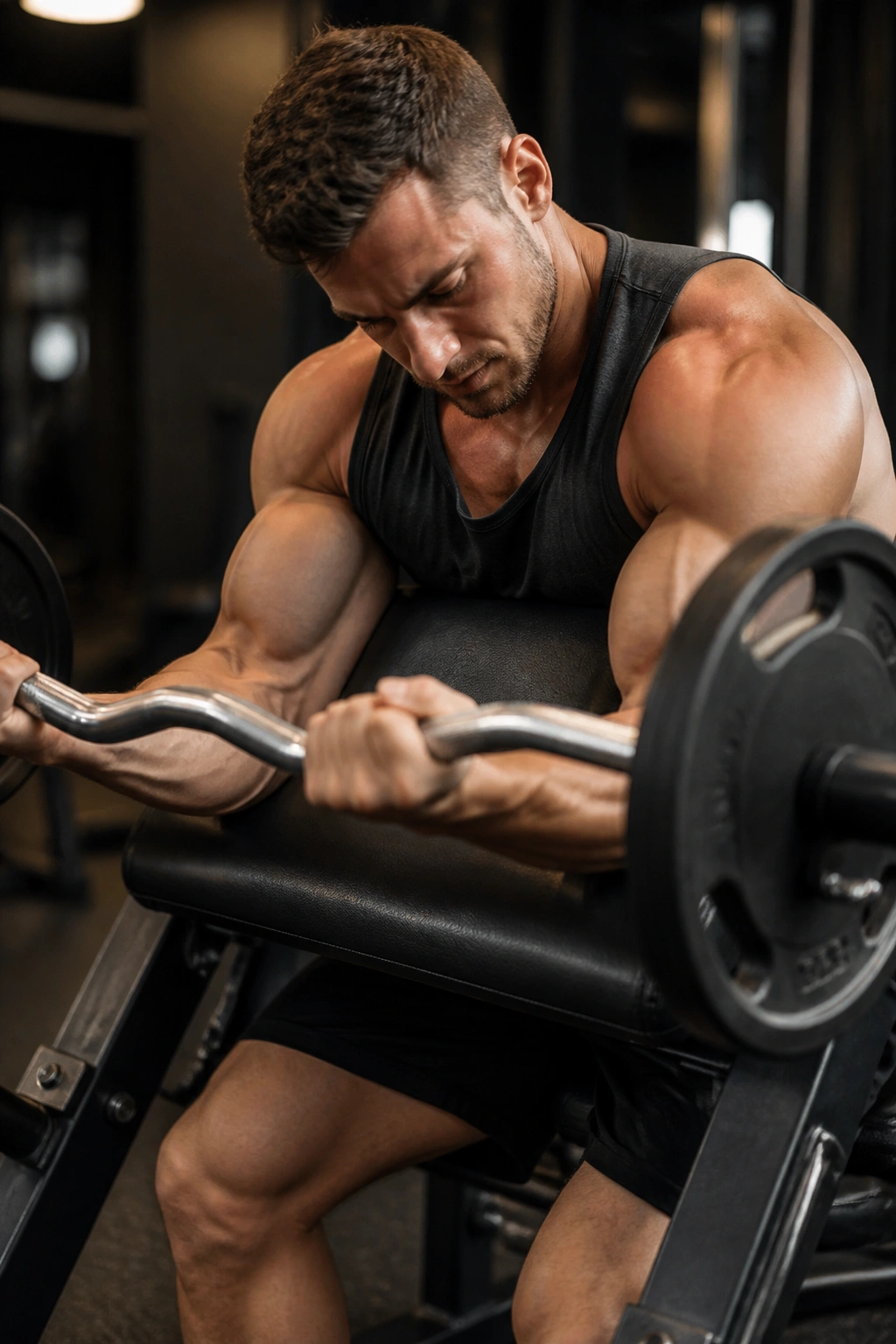 Close up of a person performing preacher curls at a preacher bench