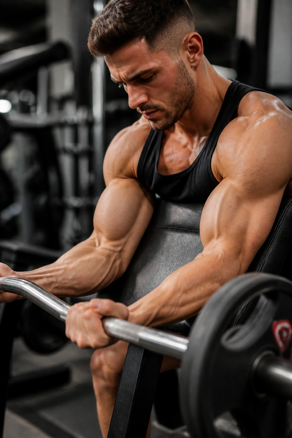 Close-up of preacher curl isolation with arms on the pad