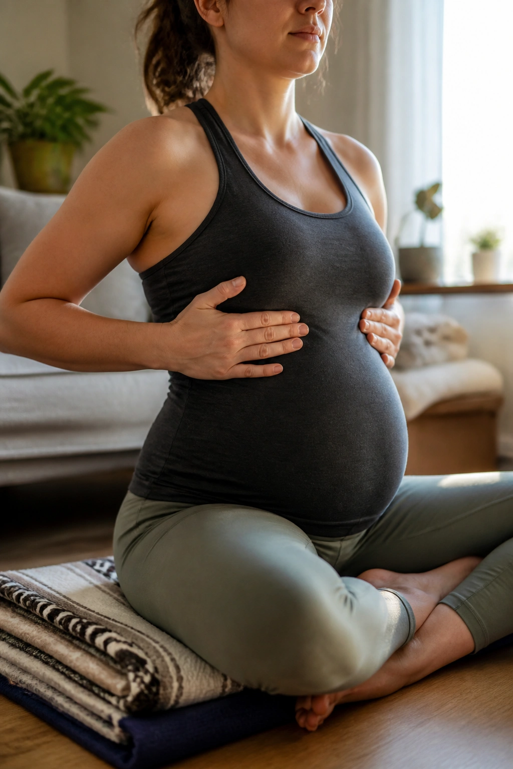 Close-up of a pregnant person performing a breath check-in in a cozy living room