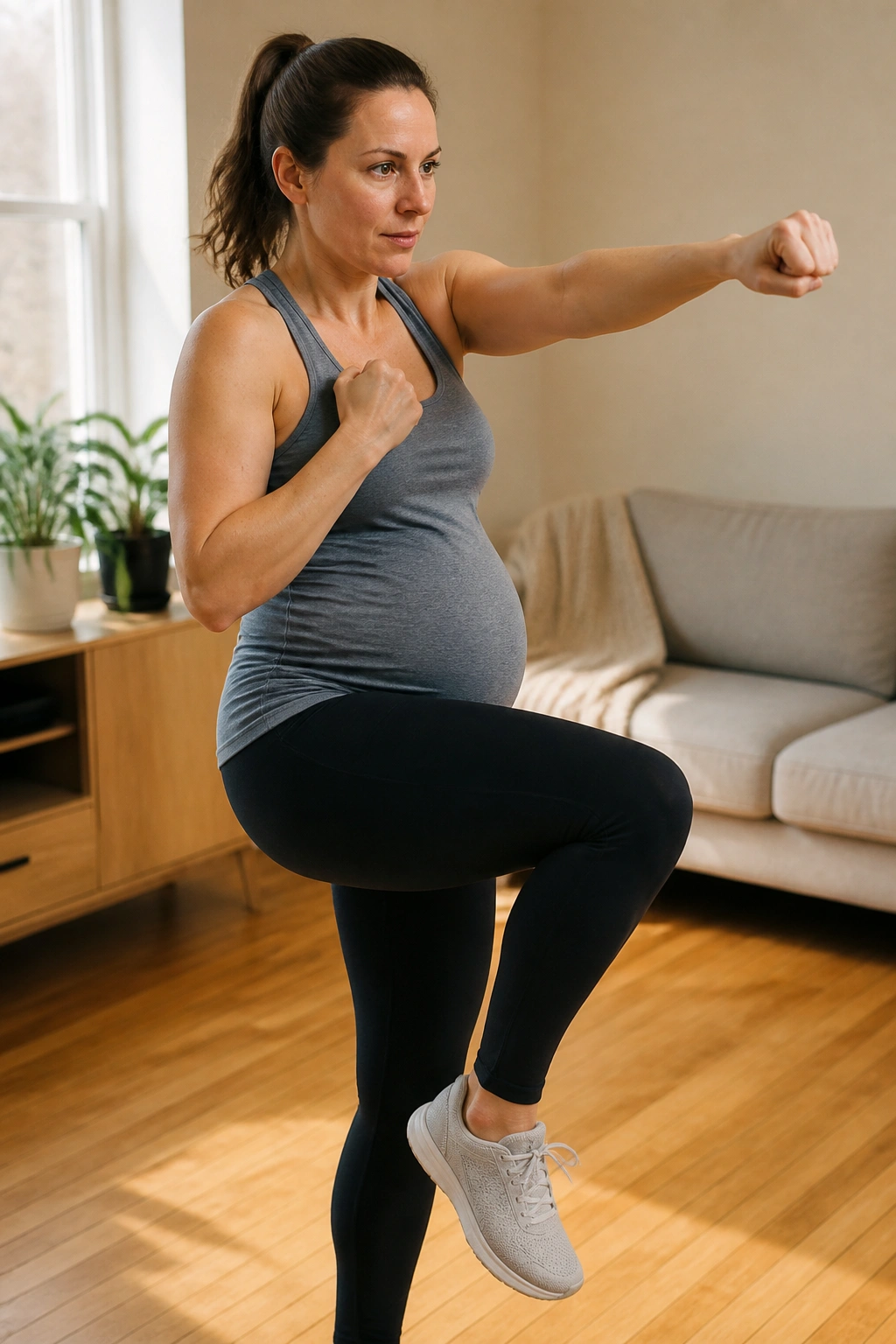 Pregnant woman shadowboxing and marching in a cozy home space