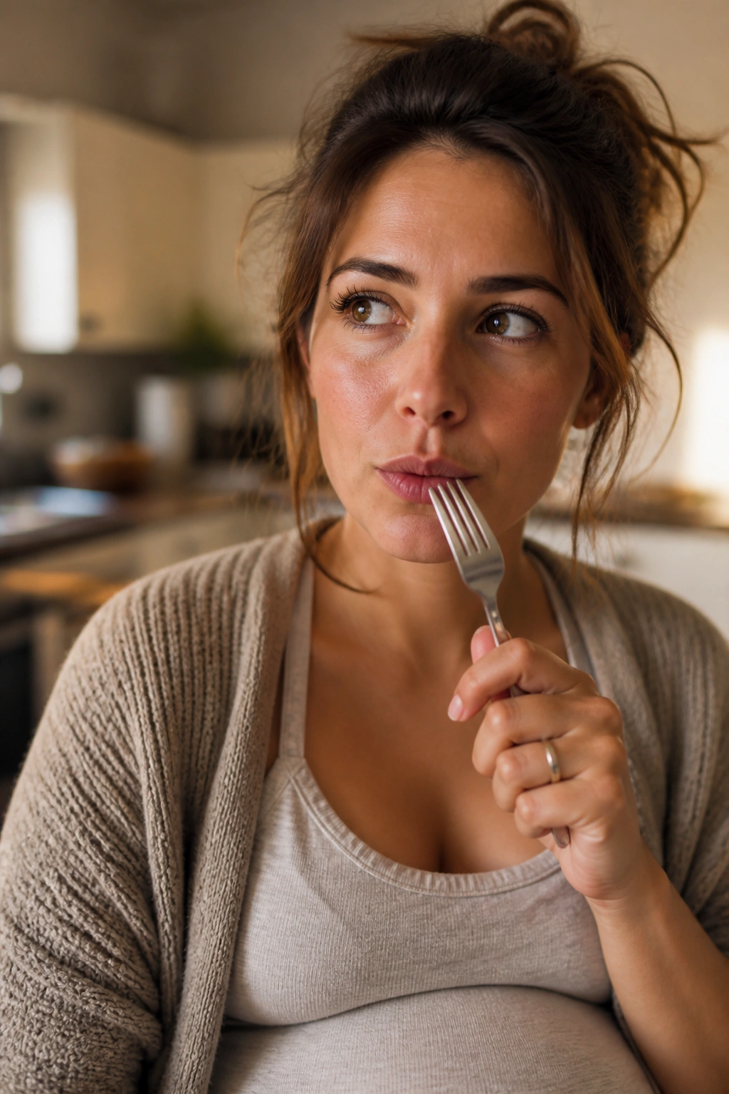 Pregnant woman with a craving expression in a cozy kitchen