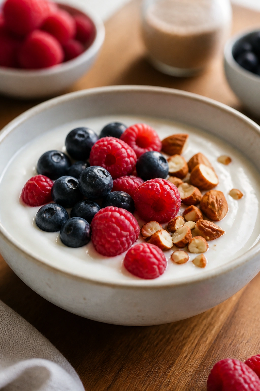 Yogurt with berries and nuts in a bowl