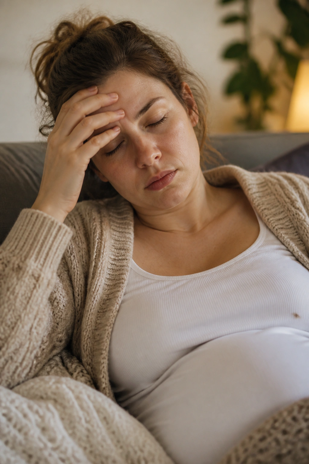 Close-up of a tired pregnant person resting on a couch to illustrate early pregnancy fatigue