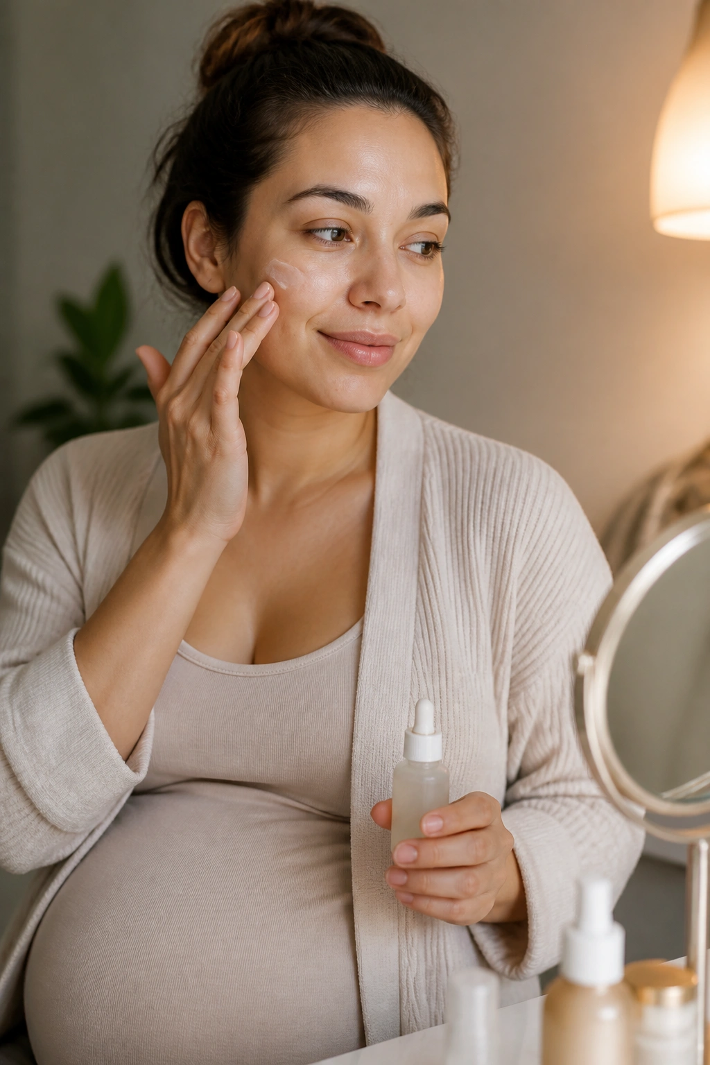 Pregnant woman with natural glow in a softly lit vanity