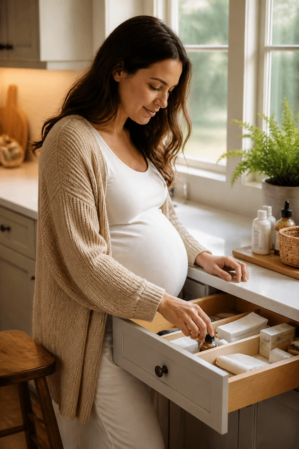 Pregnant woman in kitchen with stool nearby, illustrating low-energy day setup