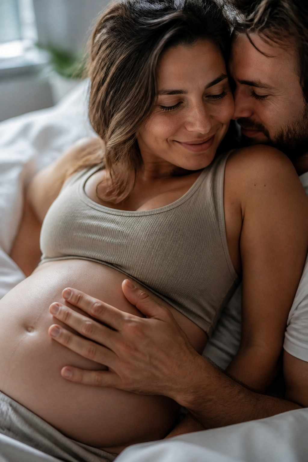 Pregnant woman with partner in a softly lit bedroom showing tenderness