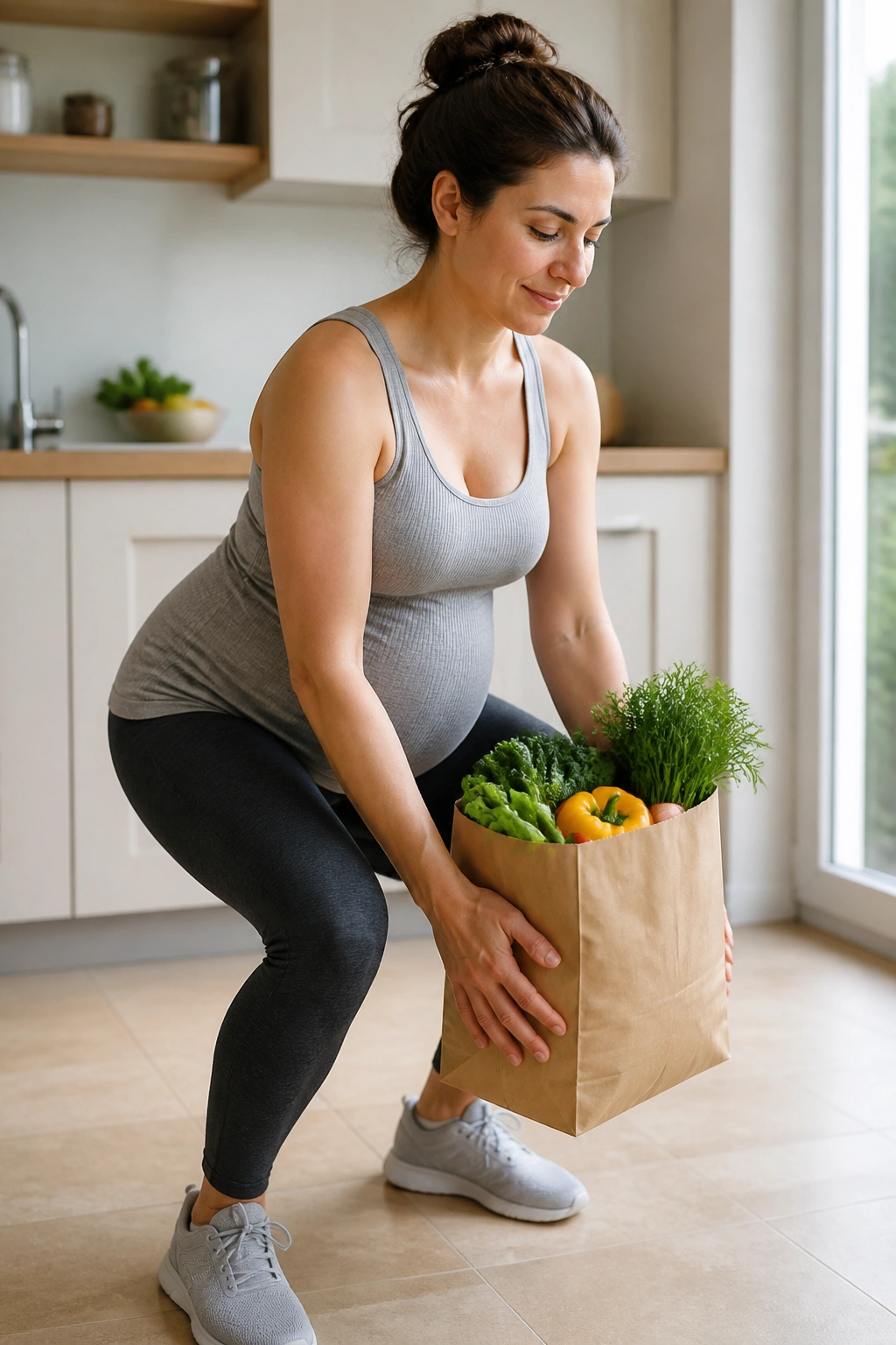 Pregnant person lifting a load with proper squat technique in the kitchen