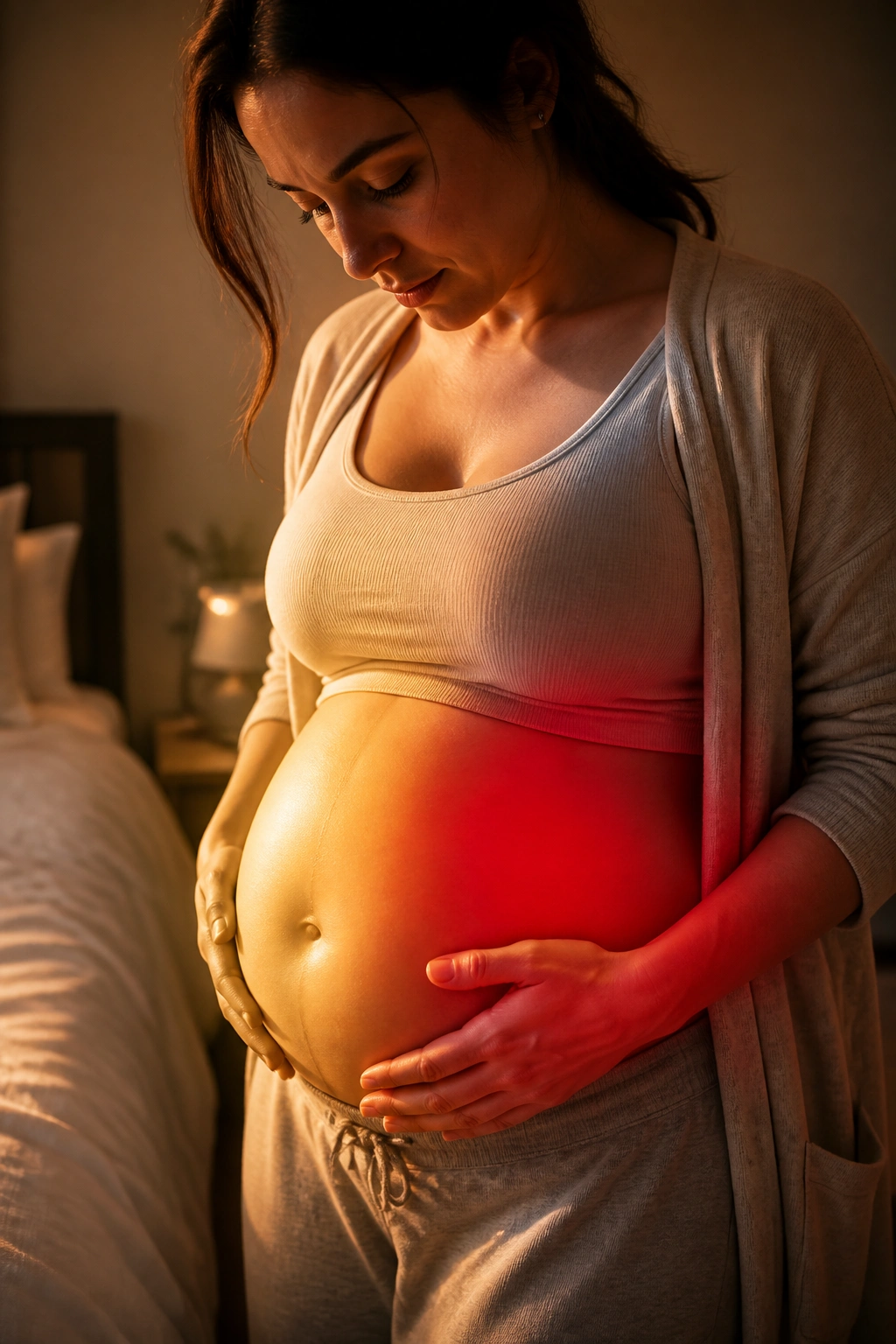 Close-up of pregnant belly with warm yellow glow indicating normal ache and red-tinged glow suggesting red flags