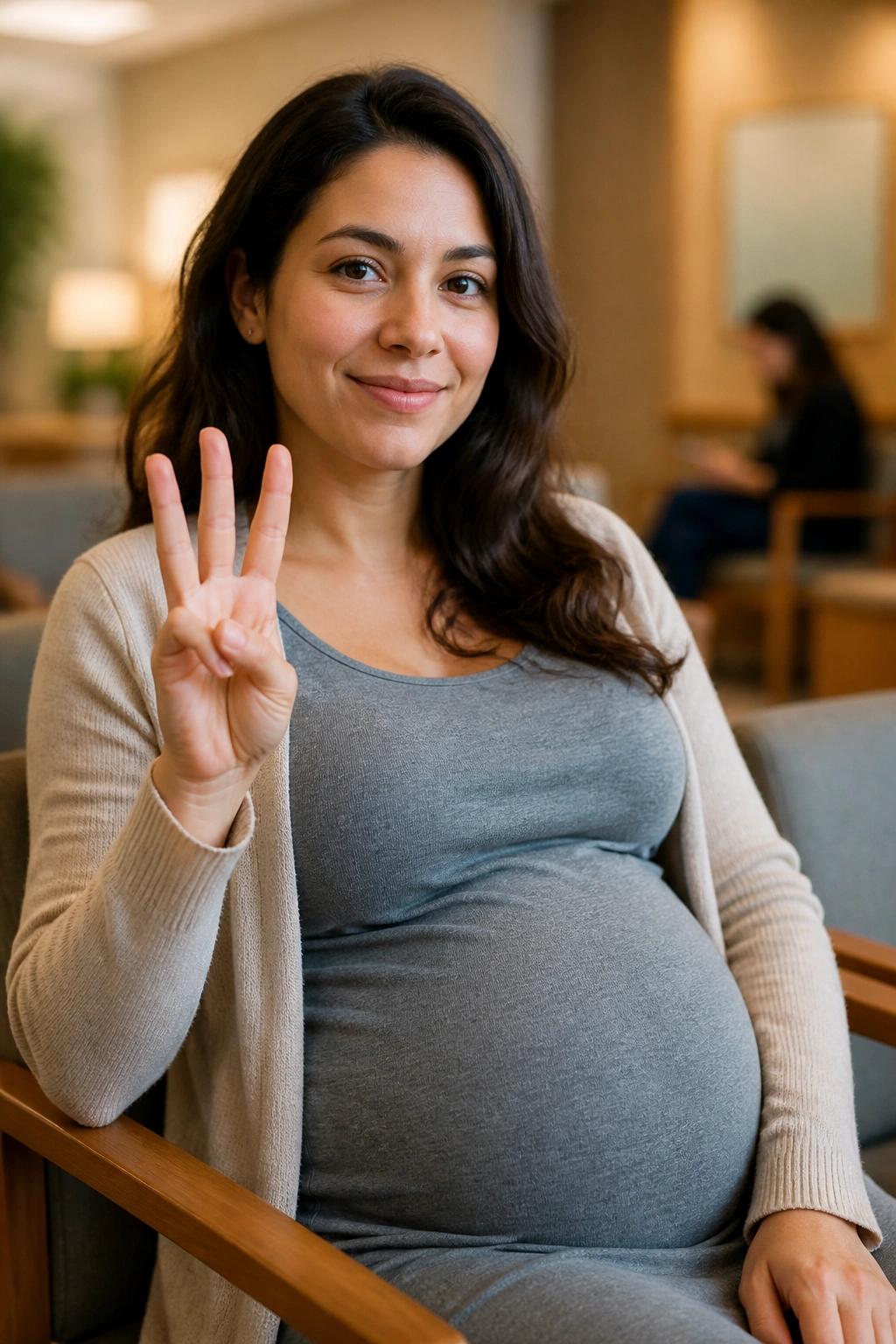 Pregnant woman in clinic portrait with three-finger gesture to symbolize three questions