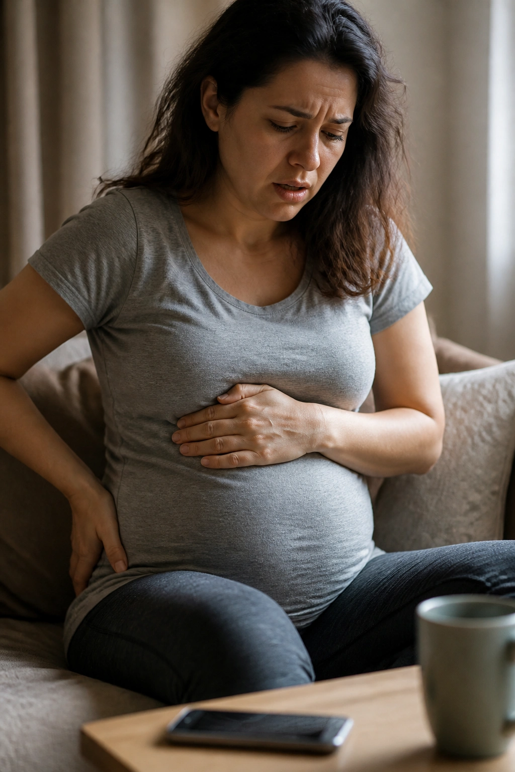 Pregnant person looking concerned, holding belly in a calm home setting