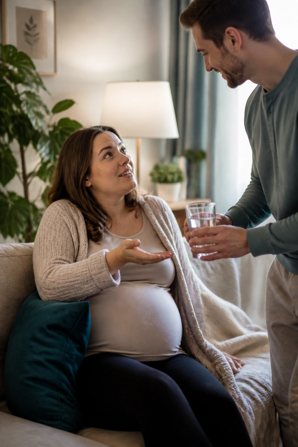 Pregnant woman asking for help on a sofa with a supportive friend nearby
