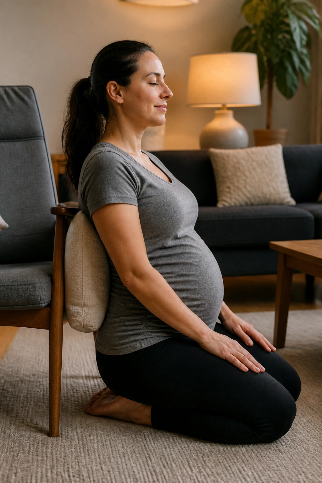 Pregnant woman practicing back-friendly posture in living room.