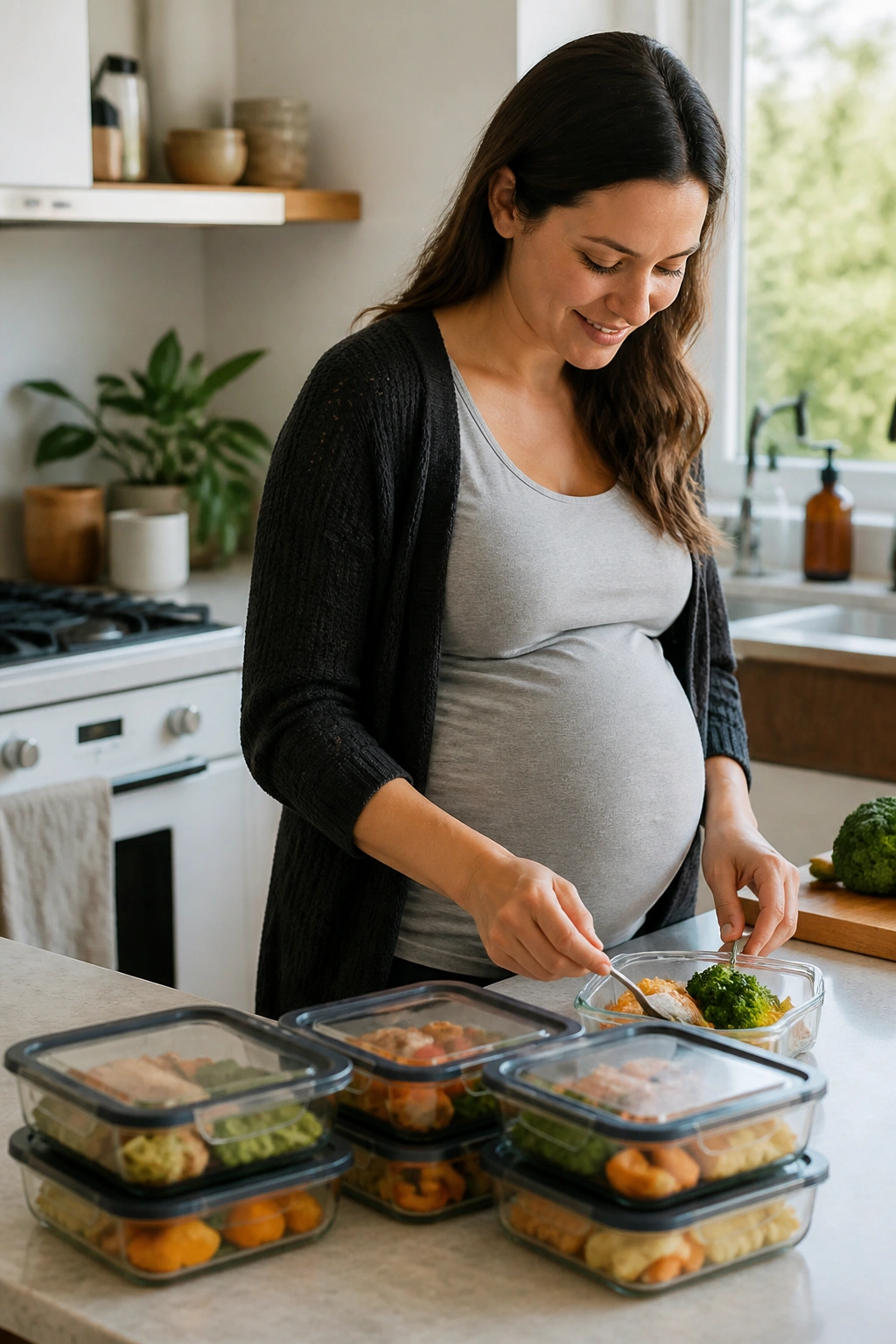 Pregnant woman batch cooking meals in a home kitchen
