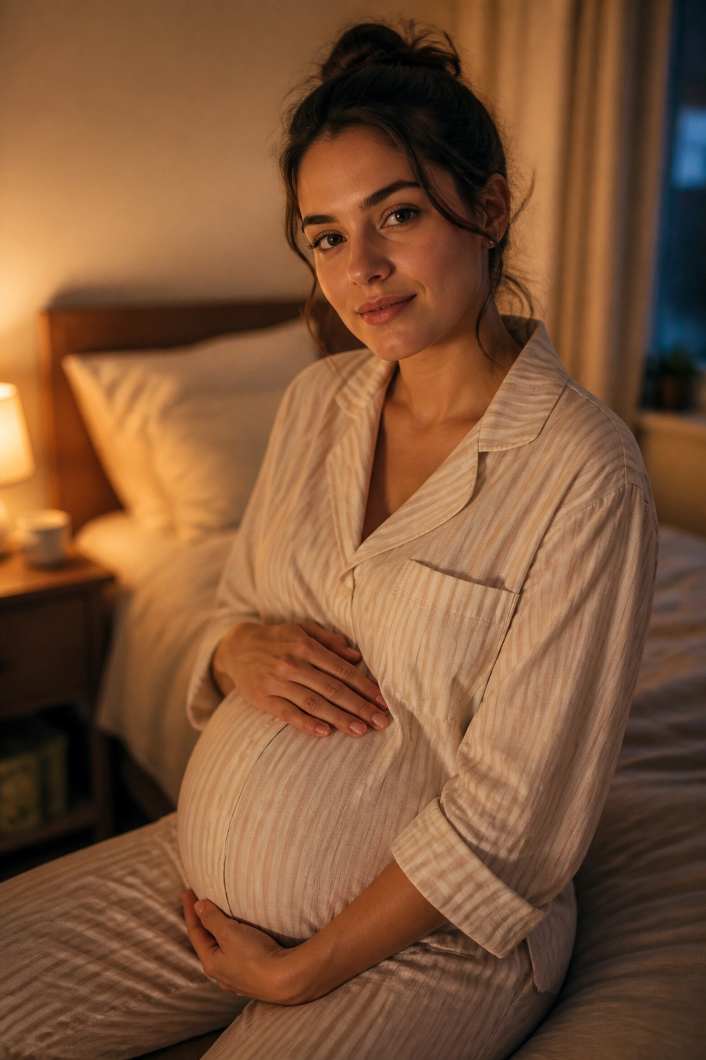 Close-up portrait of a pregnant woman winding down in a warm, dim bedroom.