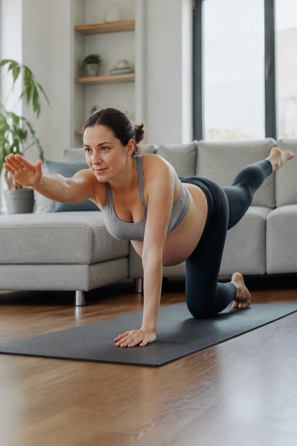 Person on a mat performing bird-dog exercise in living room