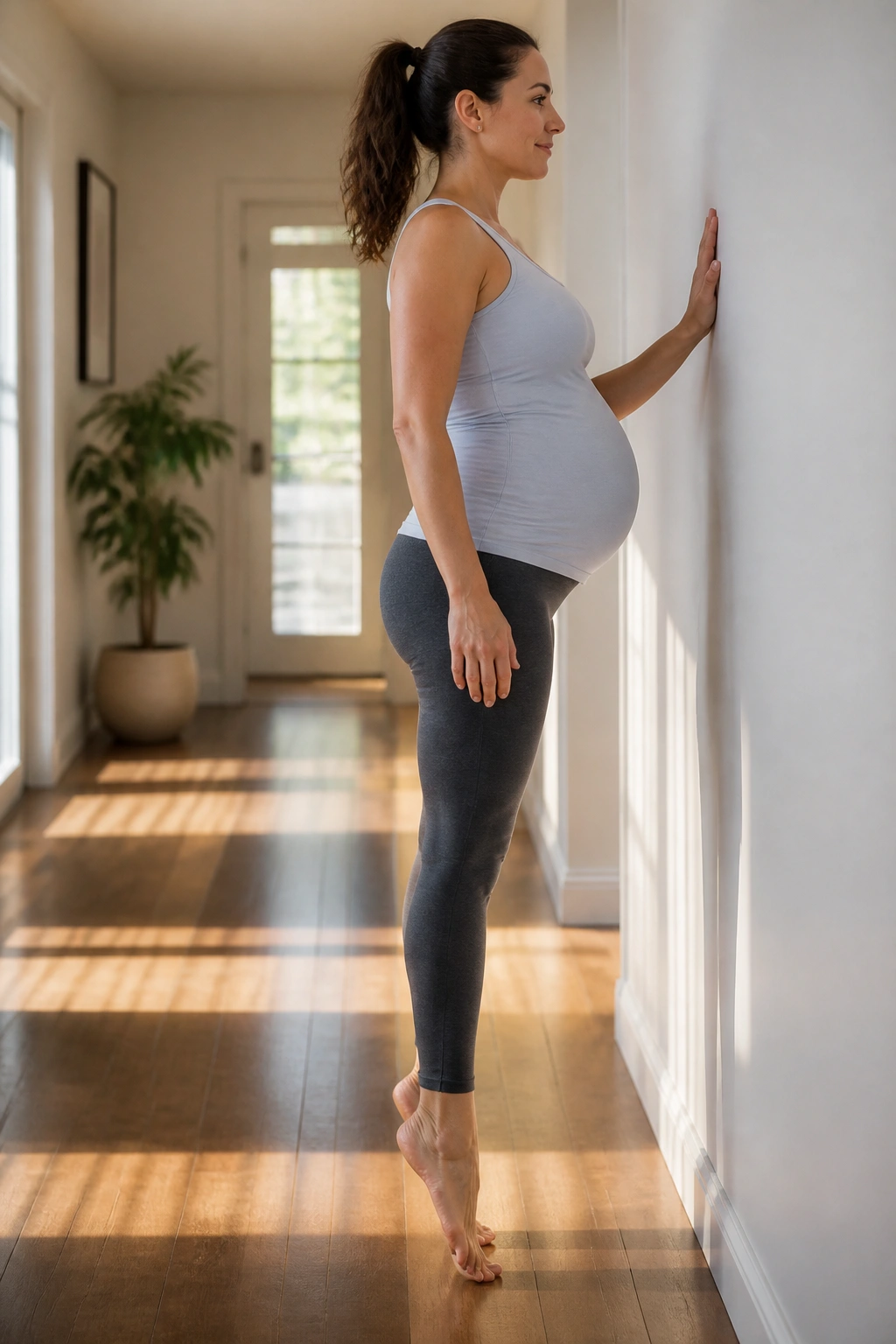 Pregnant woman performing calf raises near a wall