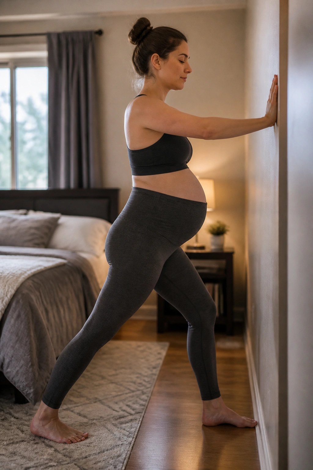 Pregnant woman in a bedroom performing a calf stretch to ease leg cramps.