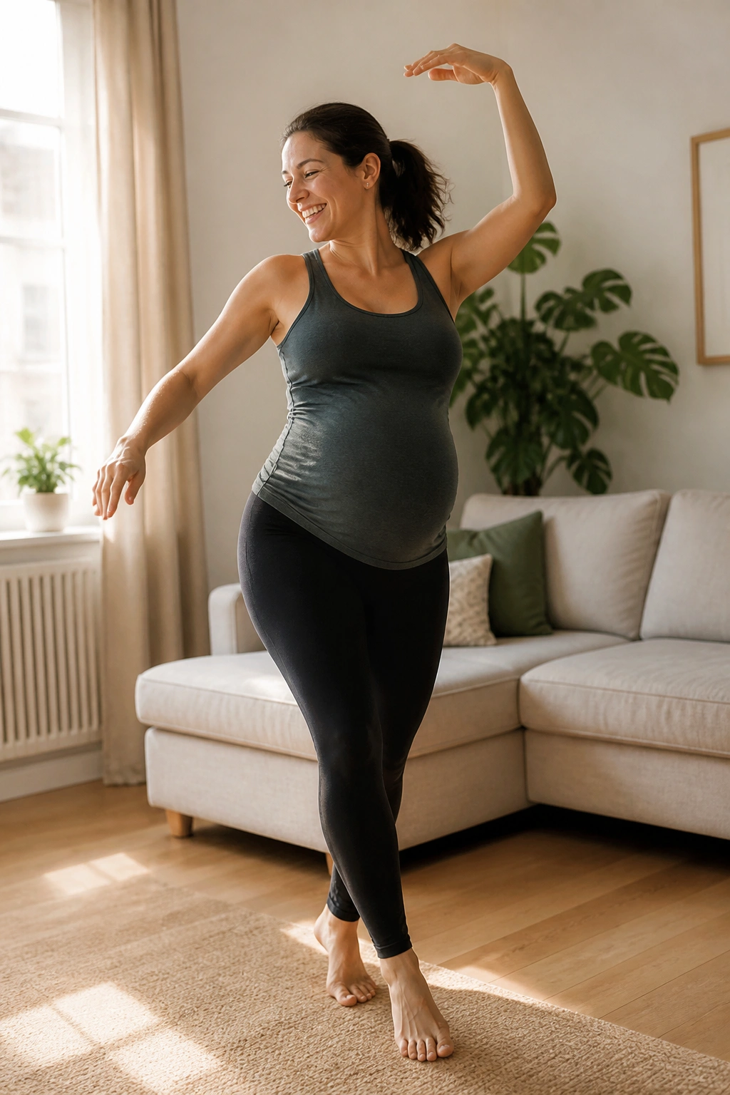 Pregnant woman dancing in living room without jumping