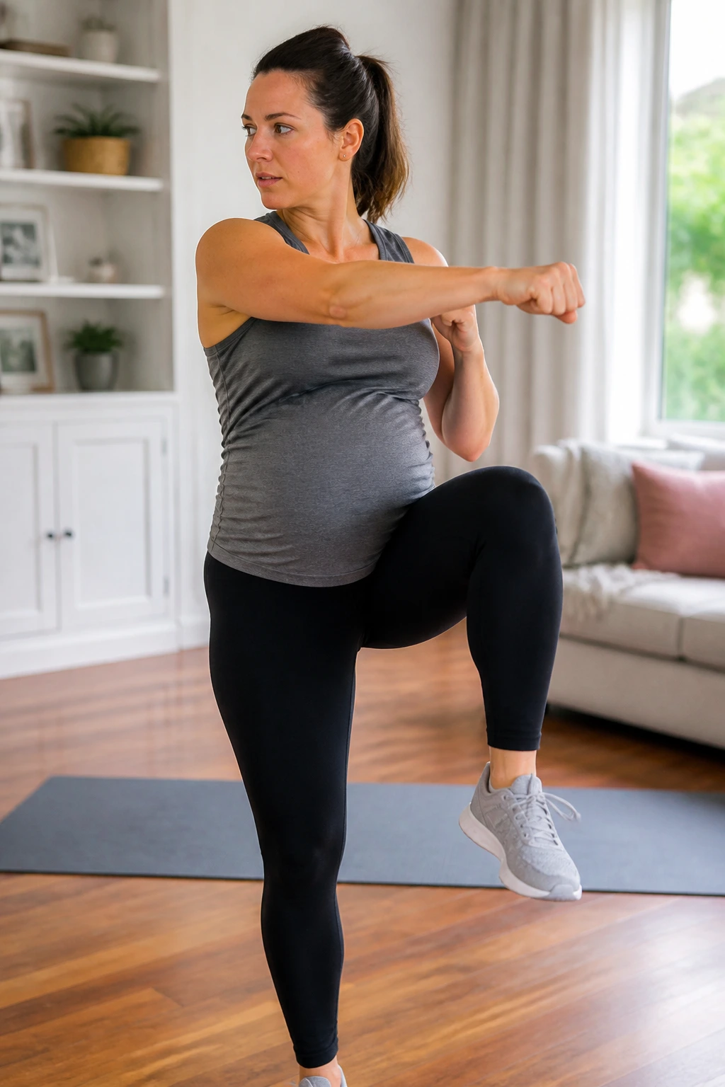 Pregnant woman doing cross-body knee drives with punches in a living room