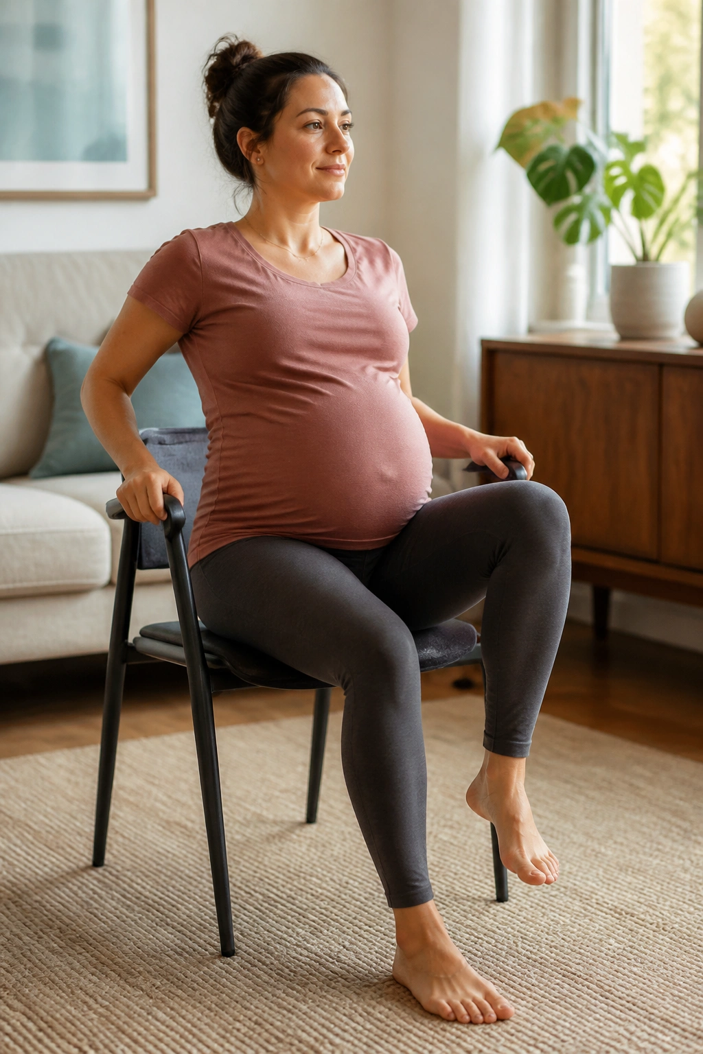 Pregnant woman seated on a chair performing leg marches in a cozy living room