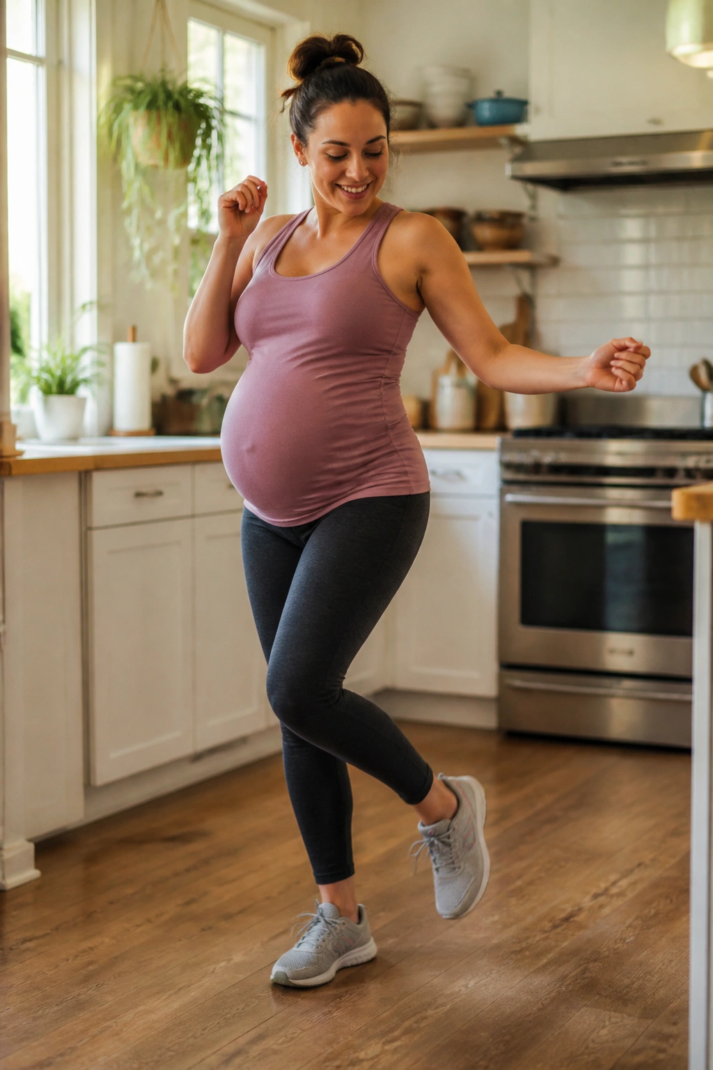 Pregnant woman dancing in a bright kitchen performing low-impact cardio