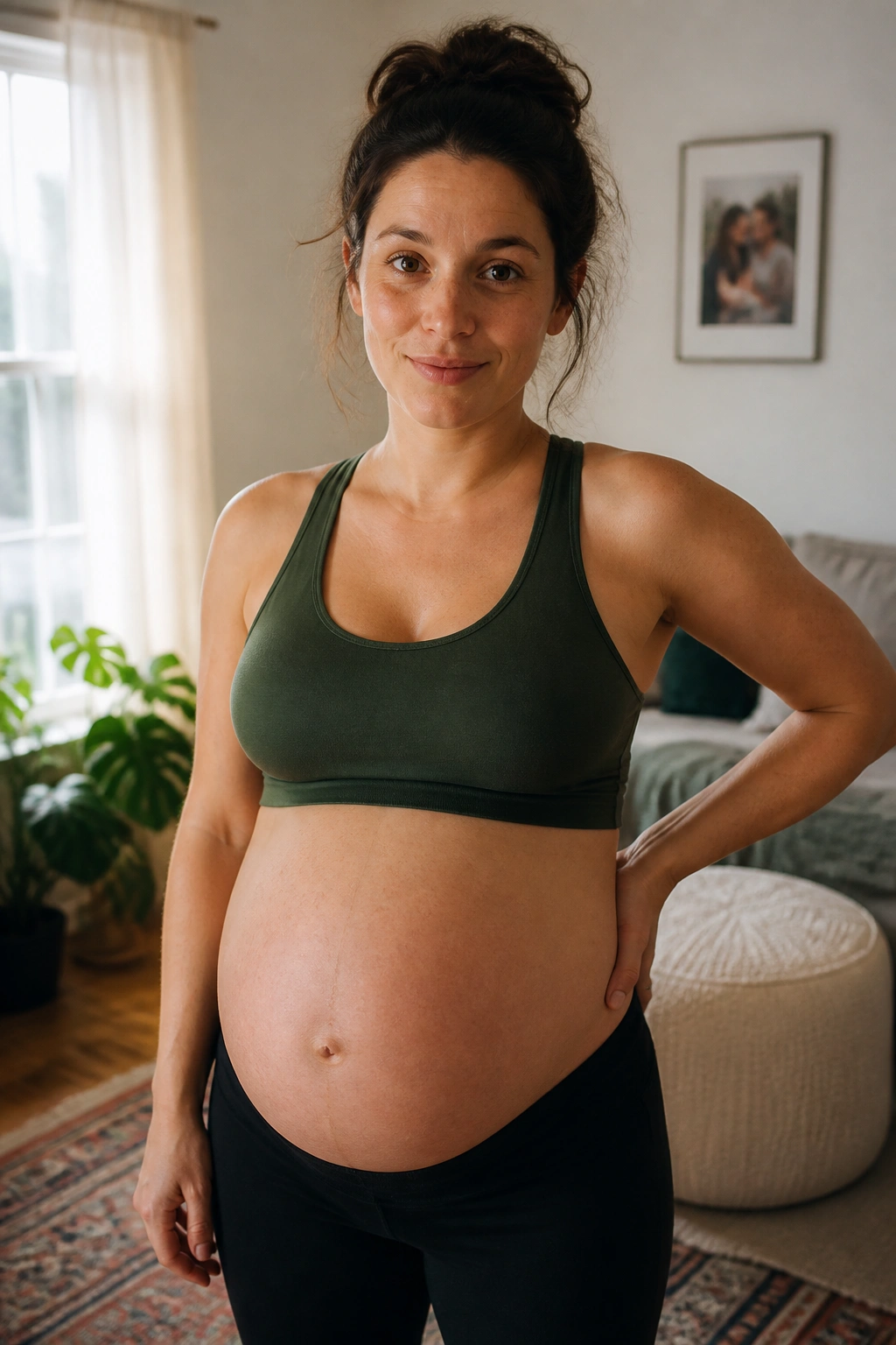 Pregnant woman pauses in a cozy living room to avoid energy crashes.