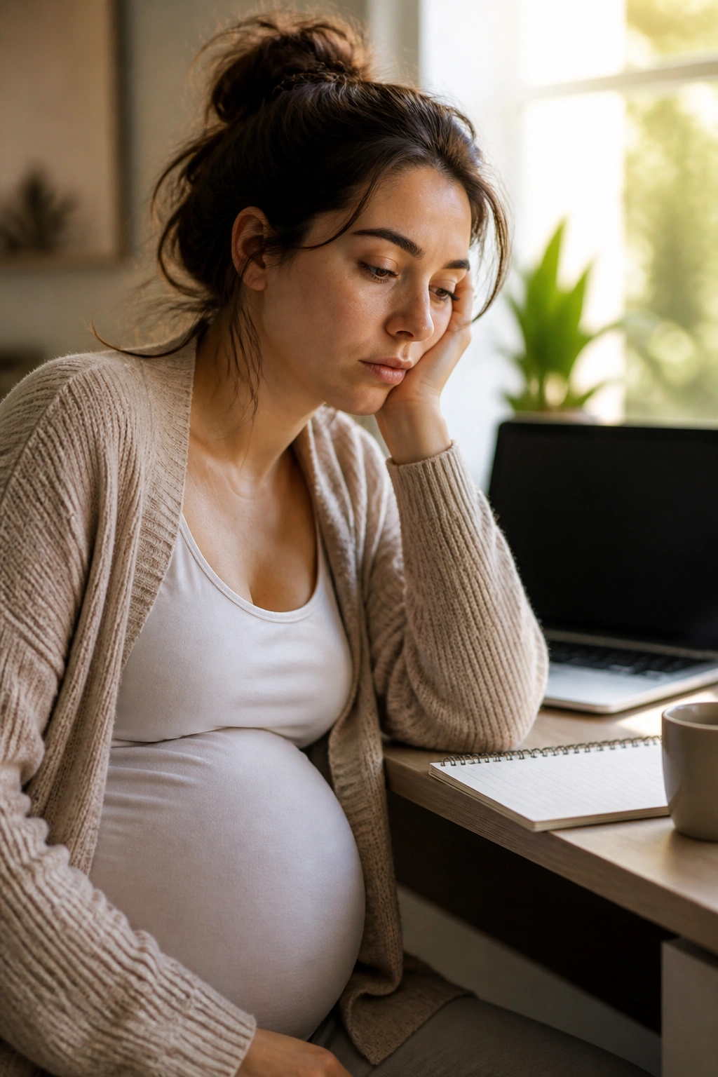 Close-up of a tired pregnant woman in the first trimester