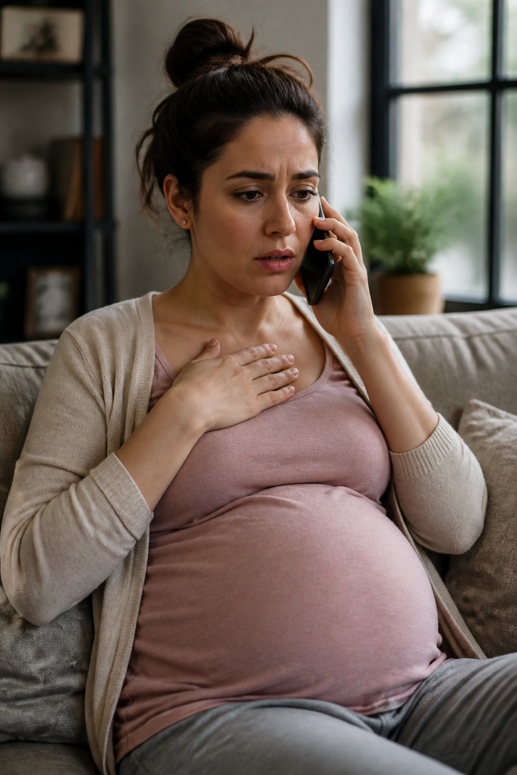 Pregnant woman seeking medical advice on phone in a calm living room