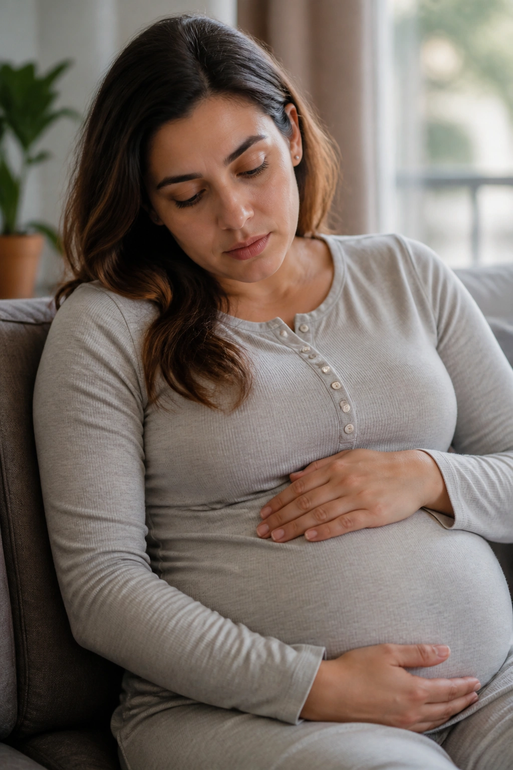 Close-up of a pregnant woman in a calm home setting, showing thoughtful fatigue awareness.