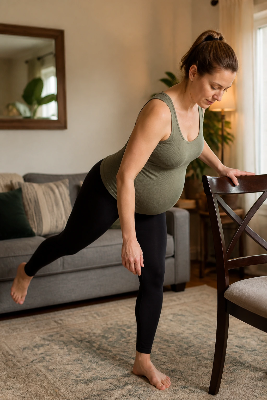 Pregnant woman performing chair-supported single-leg hinge