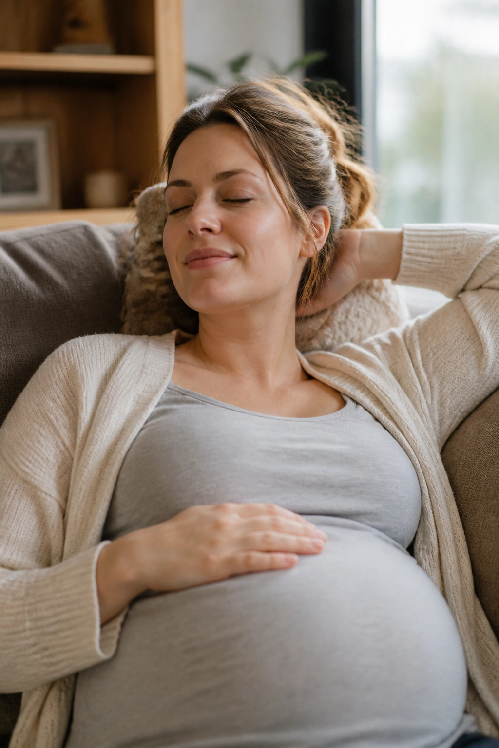 Pregnant woman resting during a midday break in a cozy living room.