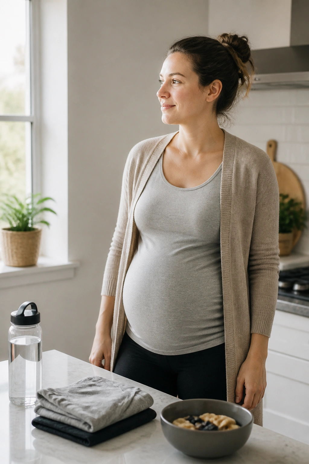Pregnant woman in a tidy kitchen illustrating simplified morning routine