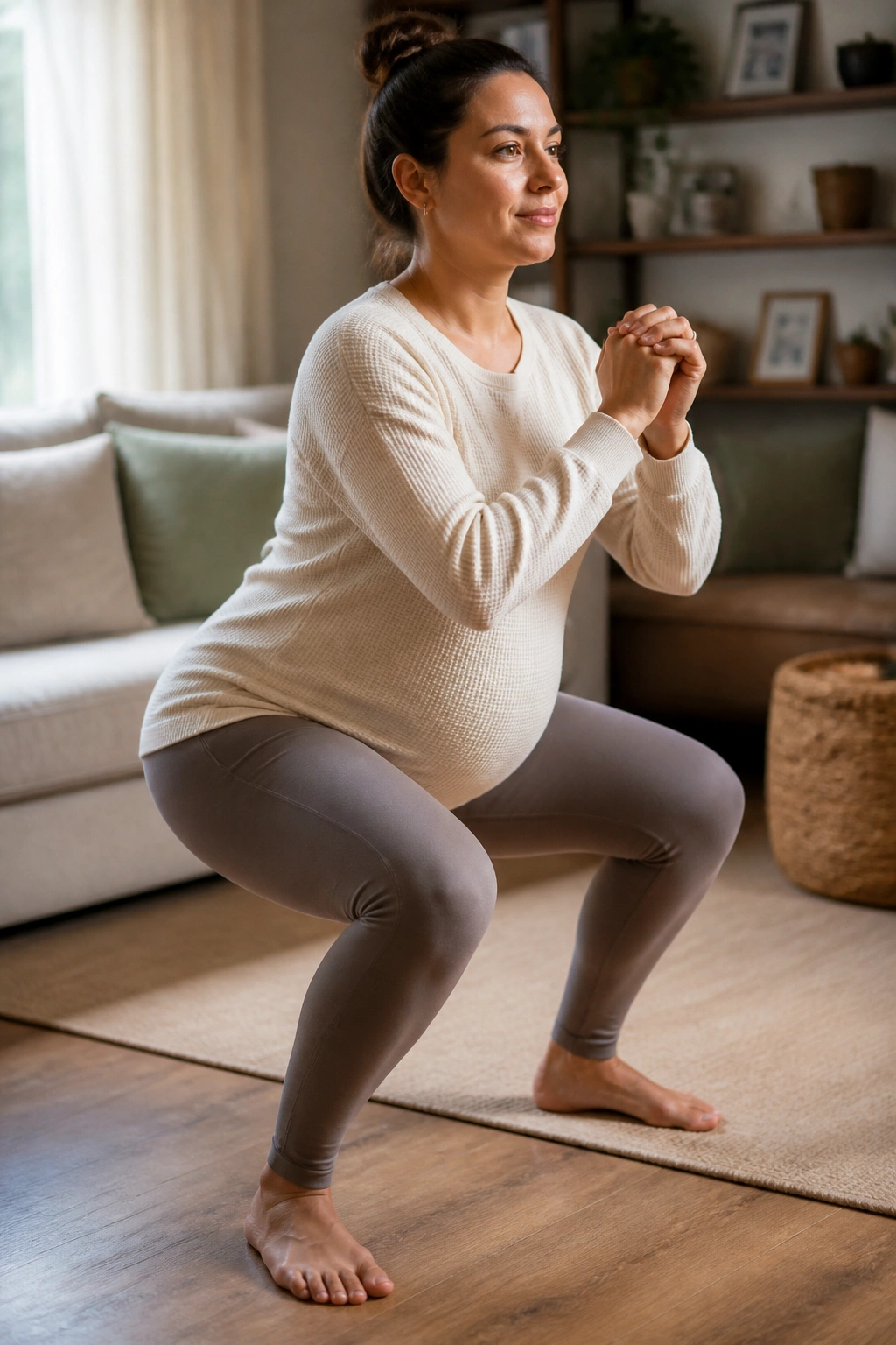 Pregnant woman performing a gentle bodyweight squat in a cozy living room.