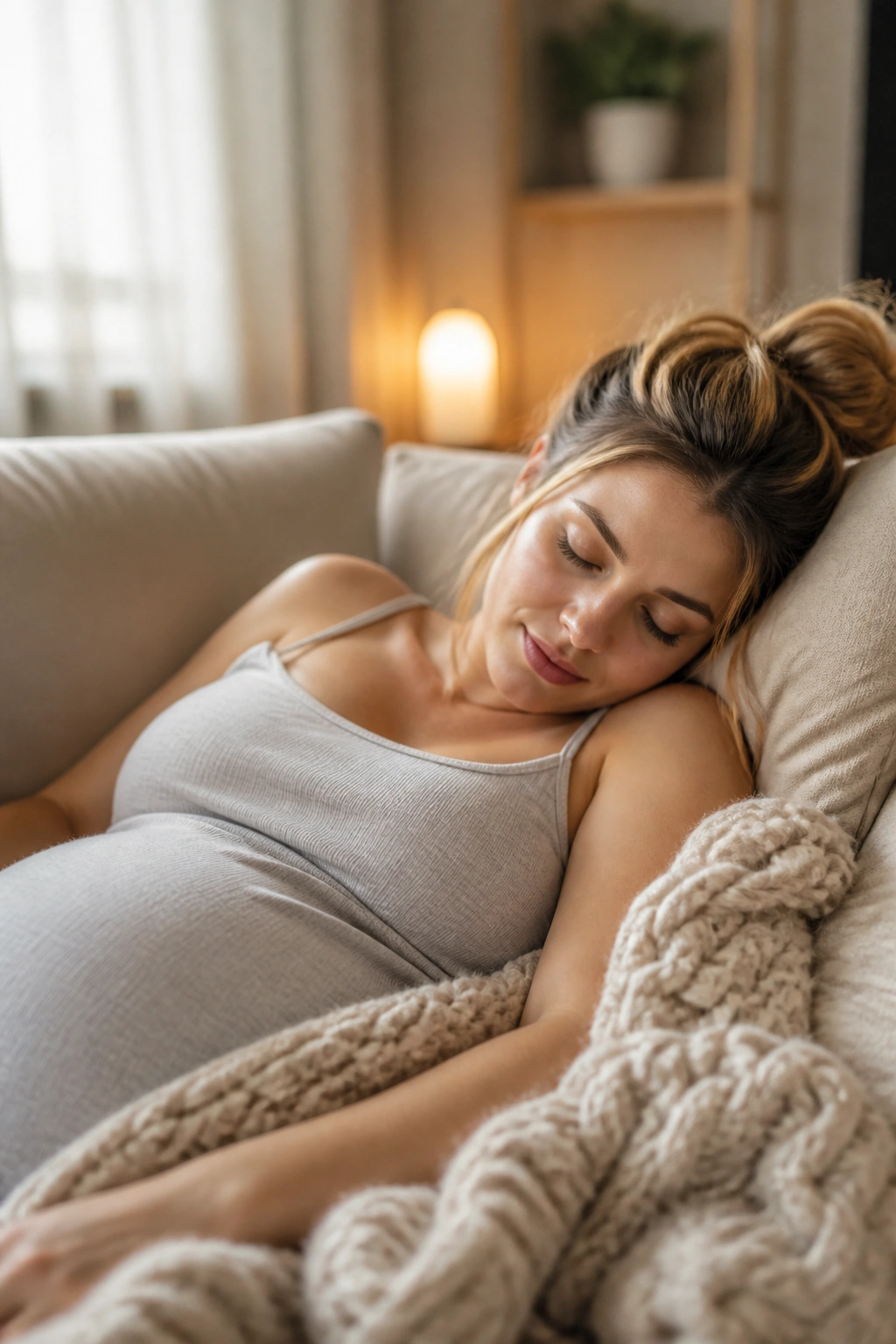 Pregnant woman napping on a sofa in a living room
