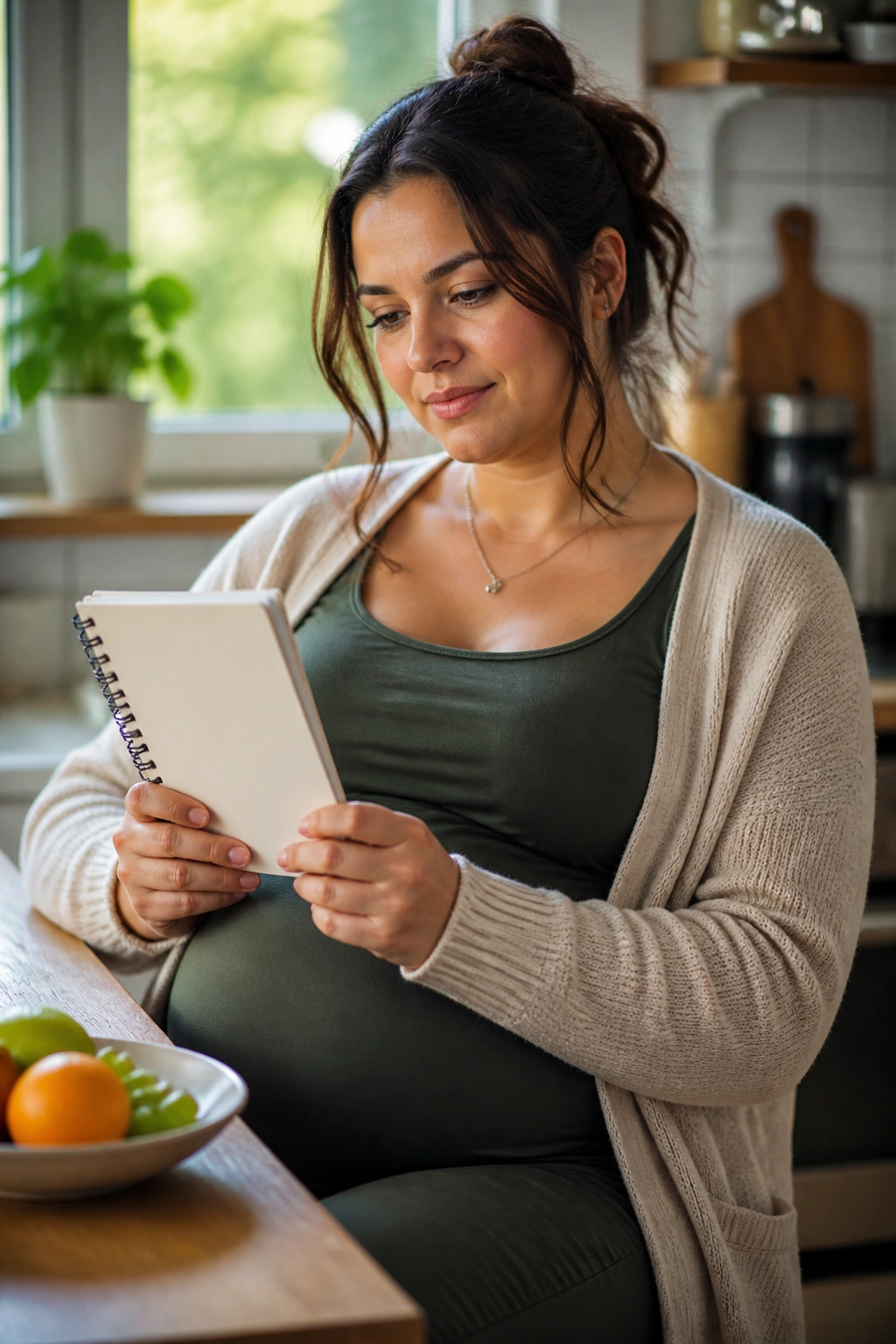 Pregnant person reflecting on eating patterns with a blank notebook