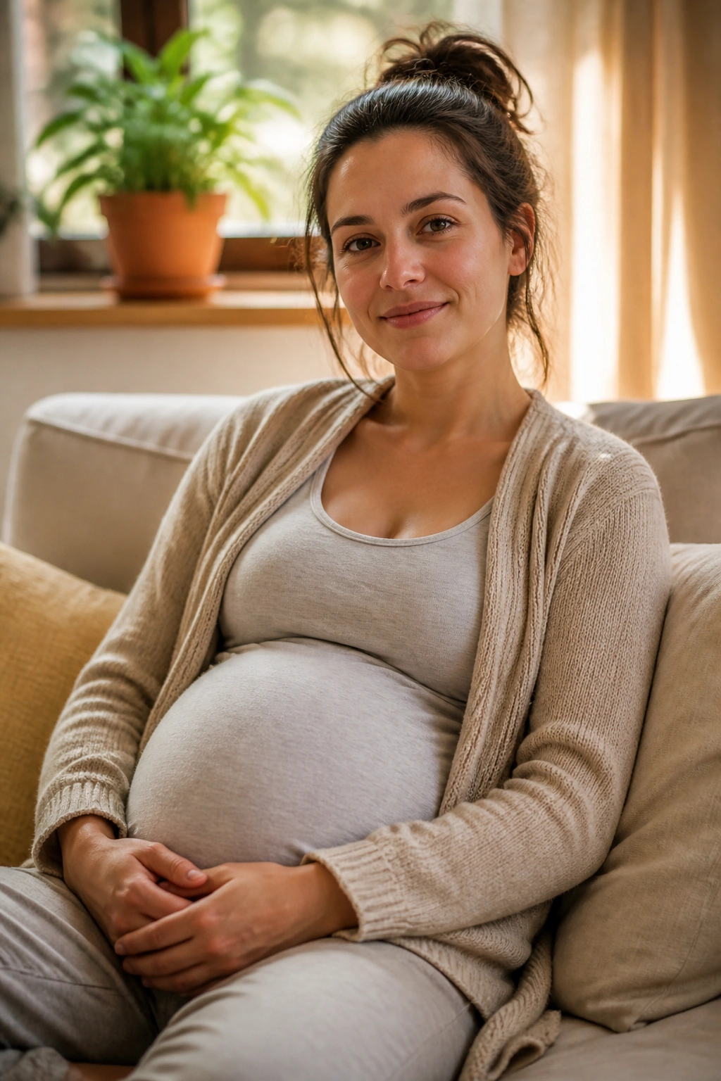 Pregnant woman choosing rest over commitments in a cozy living room