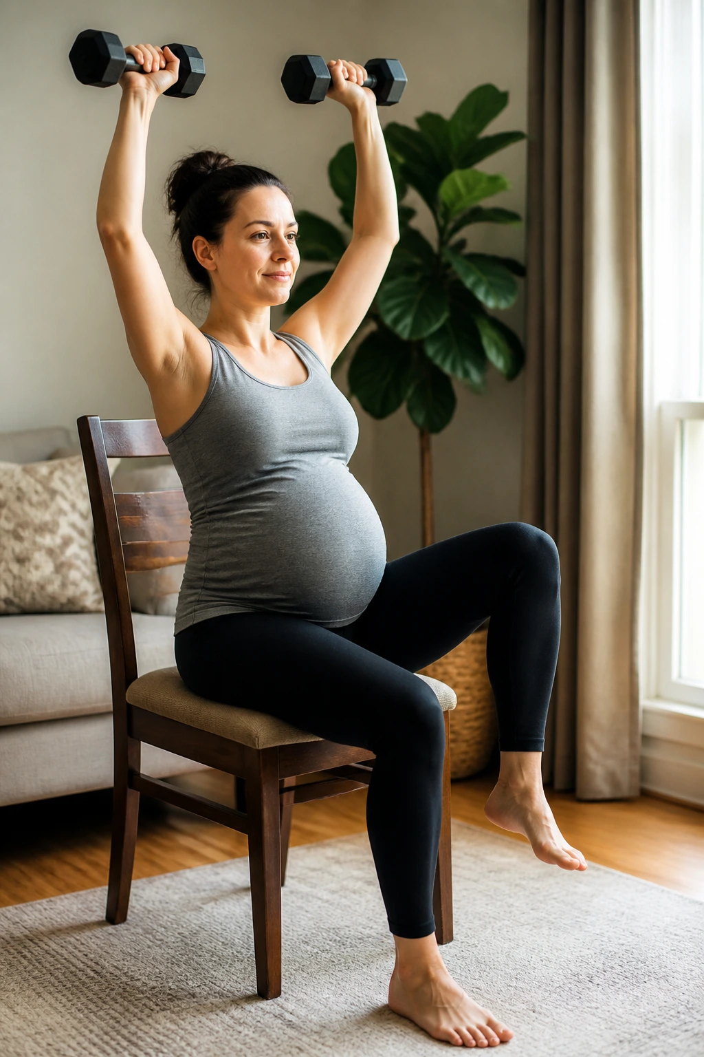 Pregnant woman seated performing overhead presses with core brace