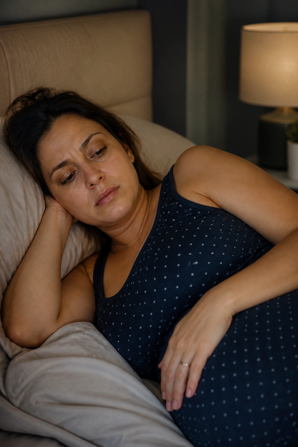 Pregnant woman awake in bed with tired expression in a cozy bedroom