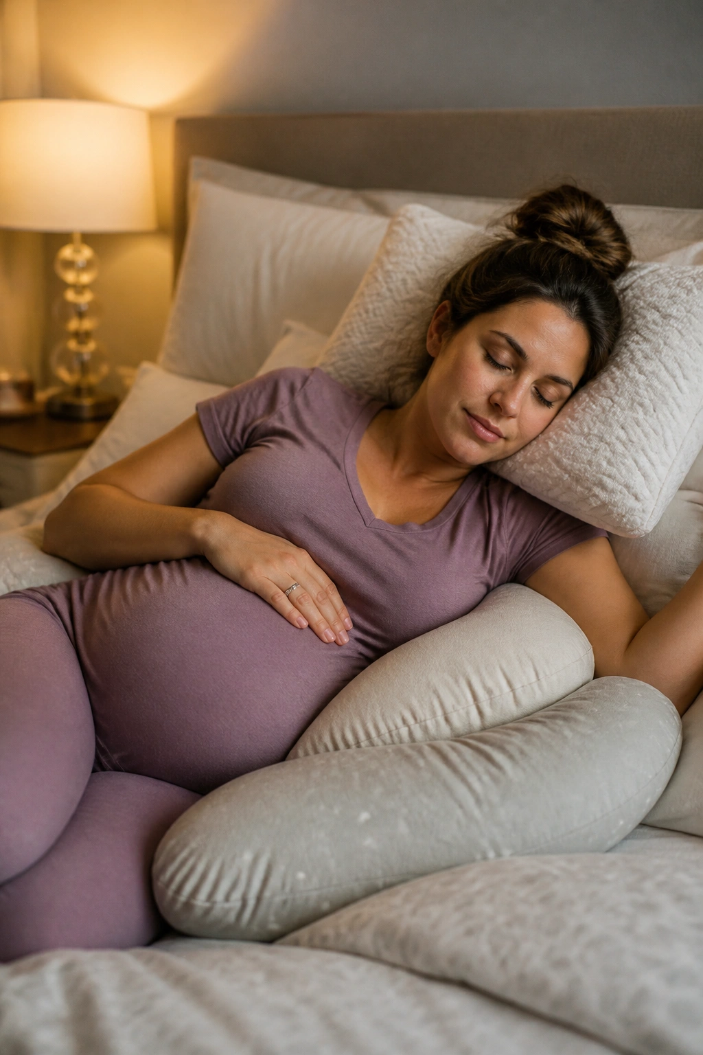 Pregnant woman in bed with pillows arranged for support