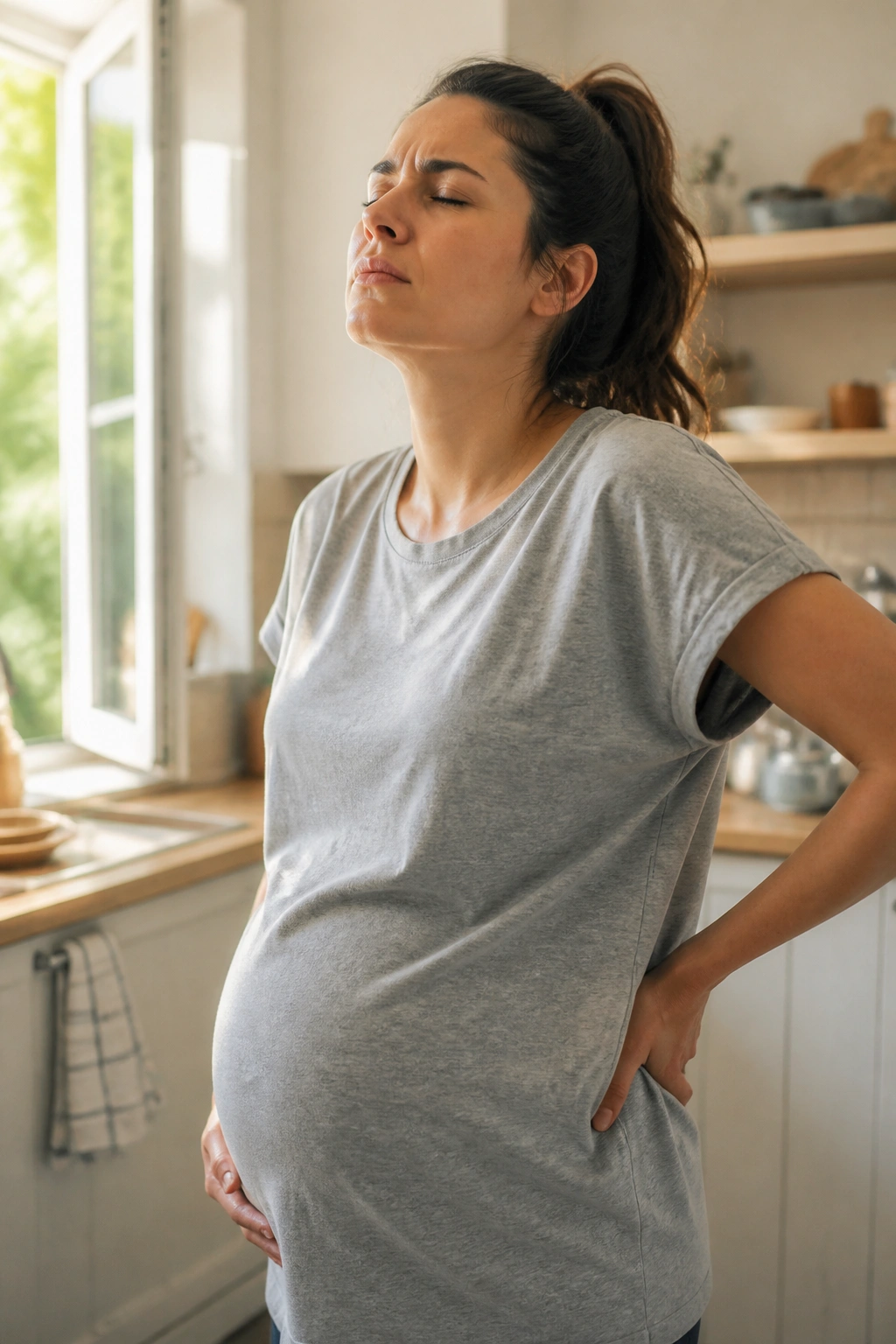 Pregnant woman smelling air in bright kitchen to curb smells quickly