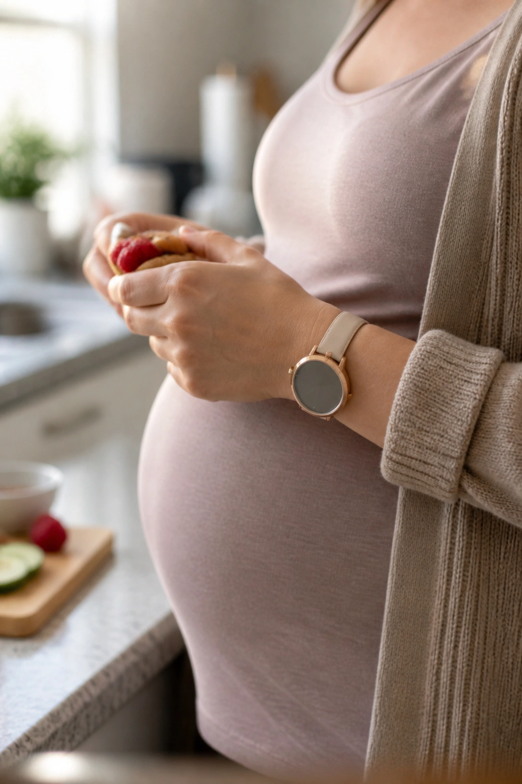 Hands holding a snack with a minimalist watch on a pregnant woman